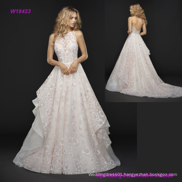 Modern Strap Detail at Back and Full Floral Skirt Wedding Dress with Layered Ivory Organza